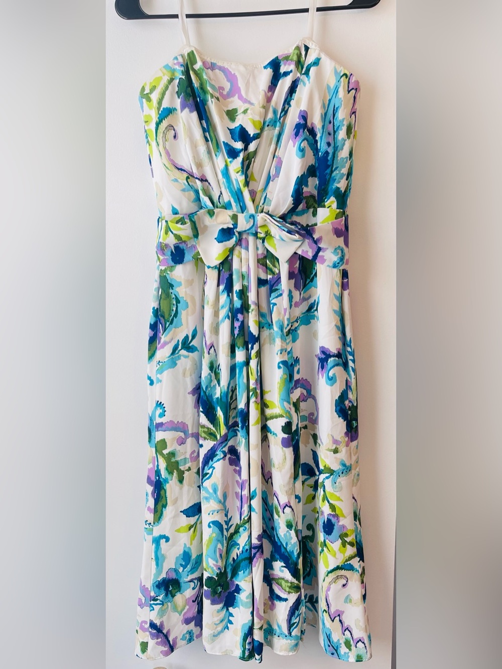 Ralph Lauren Strapless Floral Tie-Waist Midi Dress in White and Blue - Picture 5 of 6